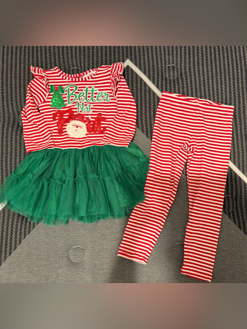 Girls Red & Green Christmas Tulle Matching Set - Festive Stripe Top and Leggings